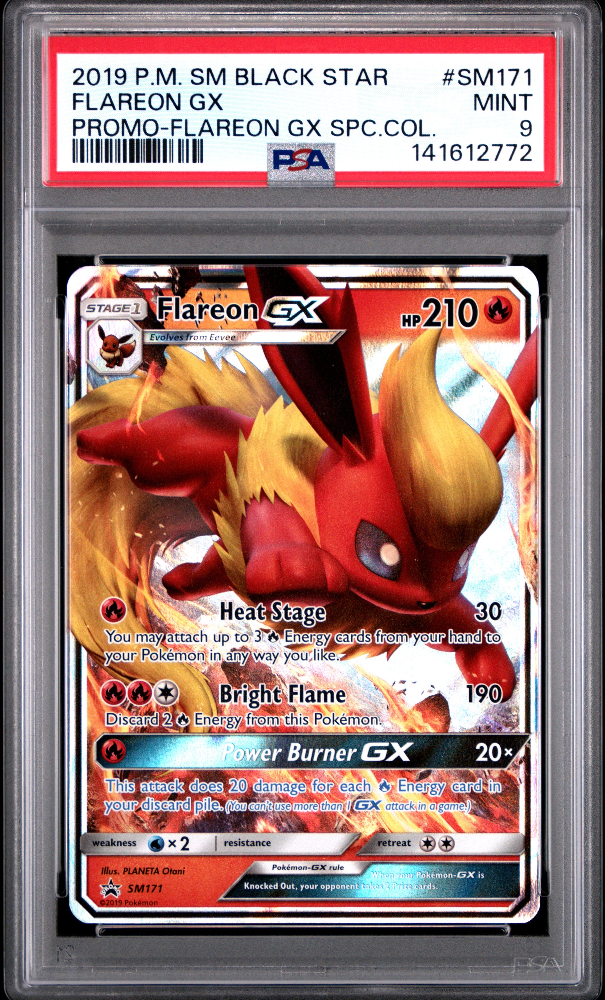 2019 Pokémon SM Promo Flareon GX #SM171 Flareon GX Spccol PSA 9 PSA official front scan