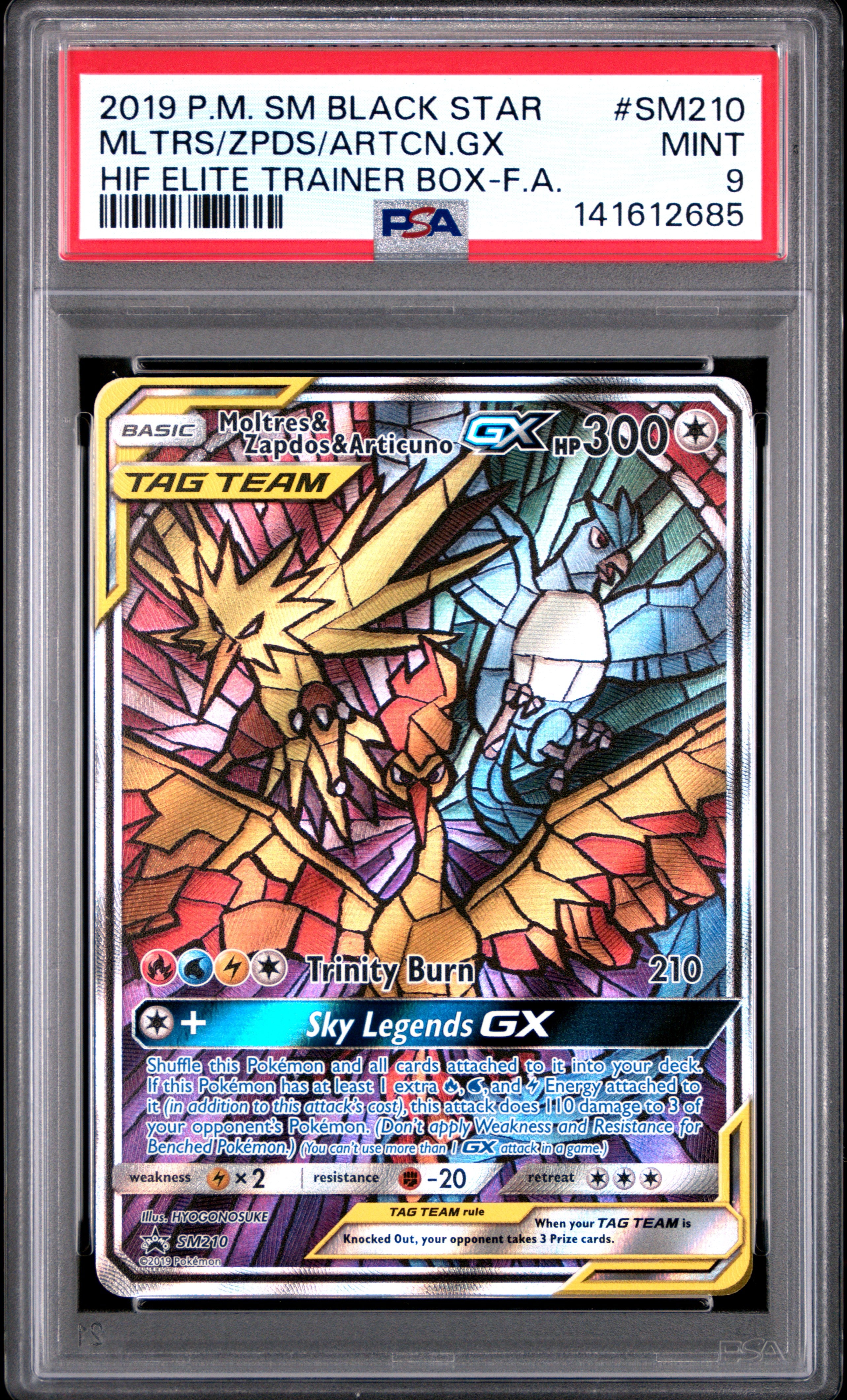 2019 Pokémon SM Promo Moltres Zapdos Articuno GX #SM210 Full Art PSA 9 PSA official front scan