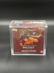 English One Piece OP01 & OP02 Blue/Red Bottom Acrylic Booster Box Case with Magnetic Lid
