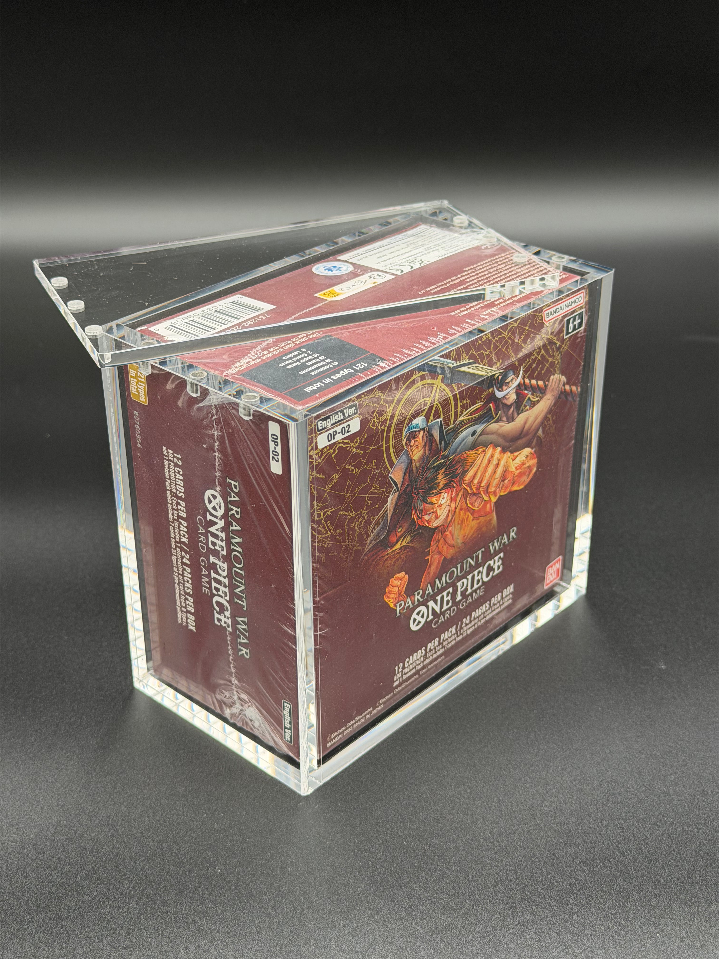 English One Piece OP01 & OP02 Blue/Red Bottom Acrylic Booster Box Case with Magnetic Lid