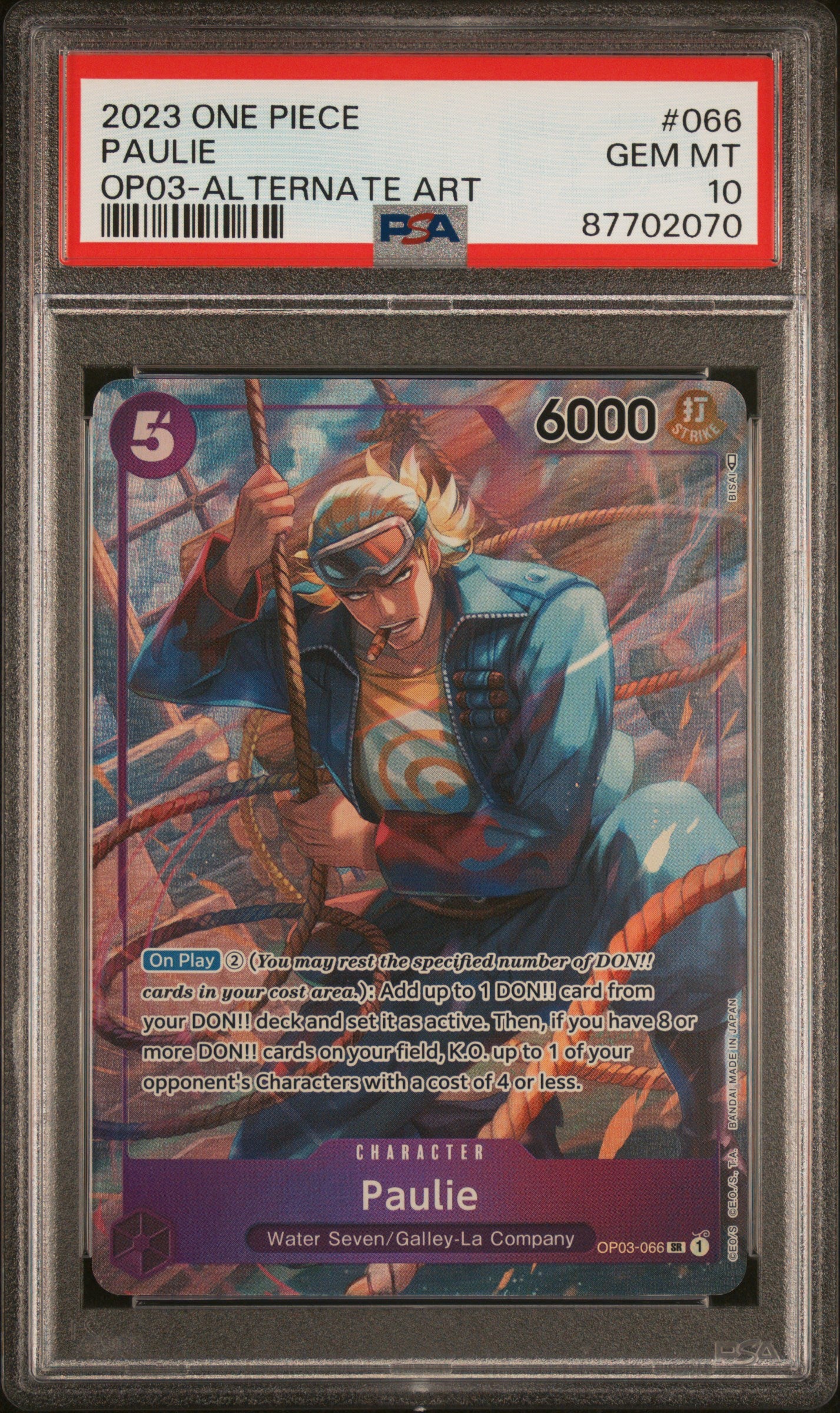 2023 Pokémon One Piece Op03 Pillars Of Strength Paulie #066 Alternate Art PSA 10 PSA official front scan