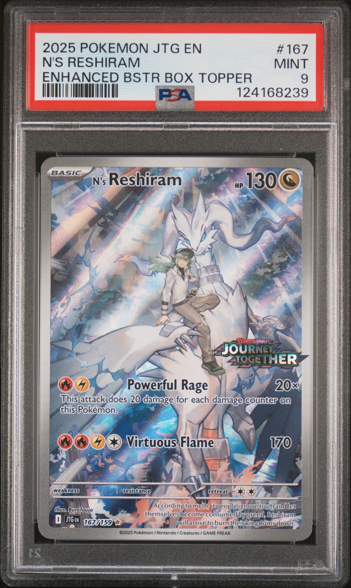 2025 Pokémon Journey Together N's Reshiram #167 Enhanced Bstr Box Topper PSA 9 PSA official front scan