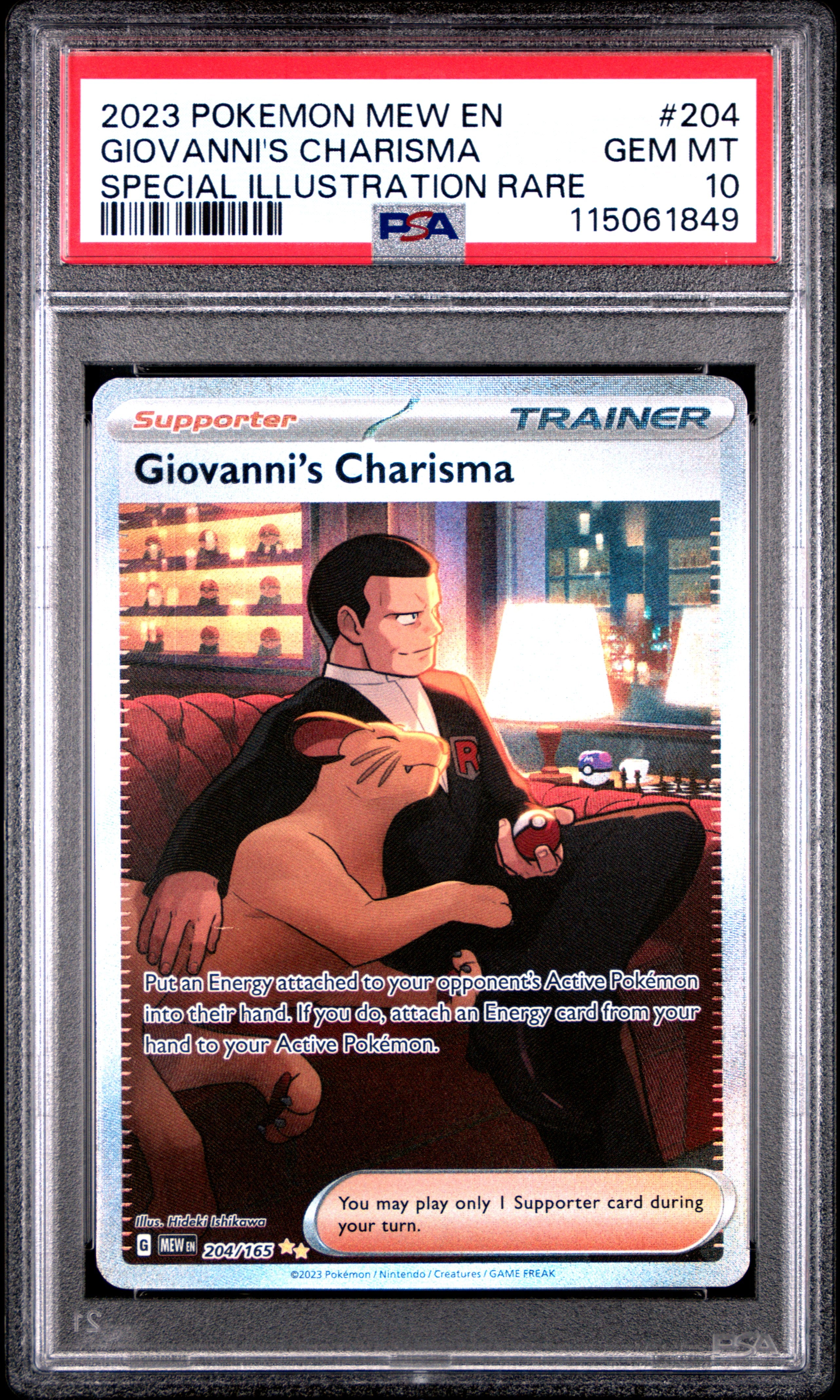 2023 Pokémon Mew EN 151 Giovanni's Charisma #204 SIR PSA 10 PSA official front scan
