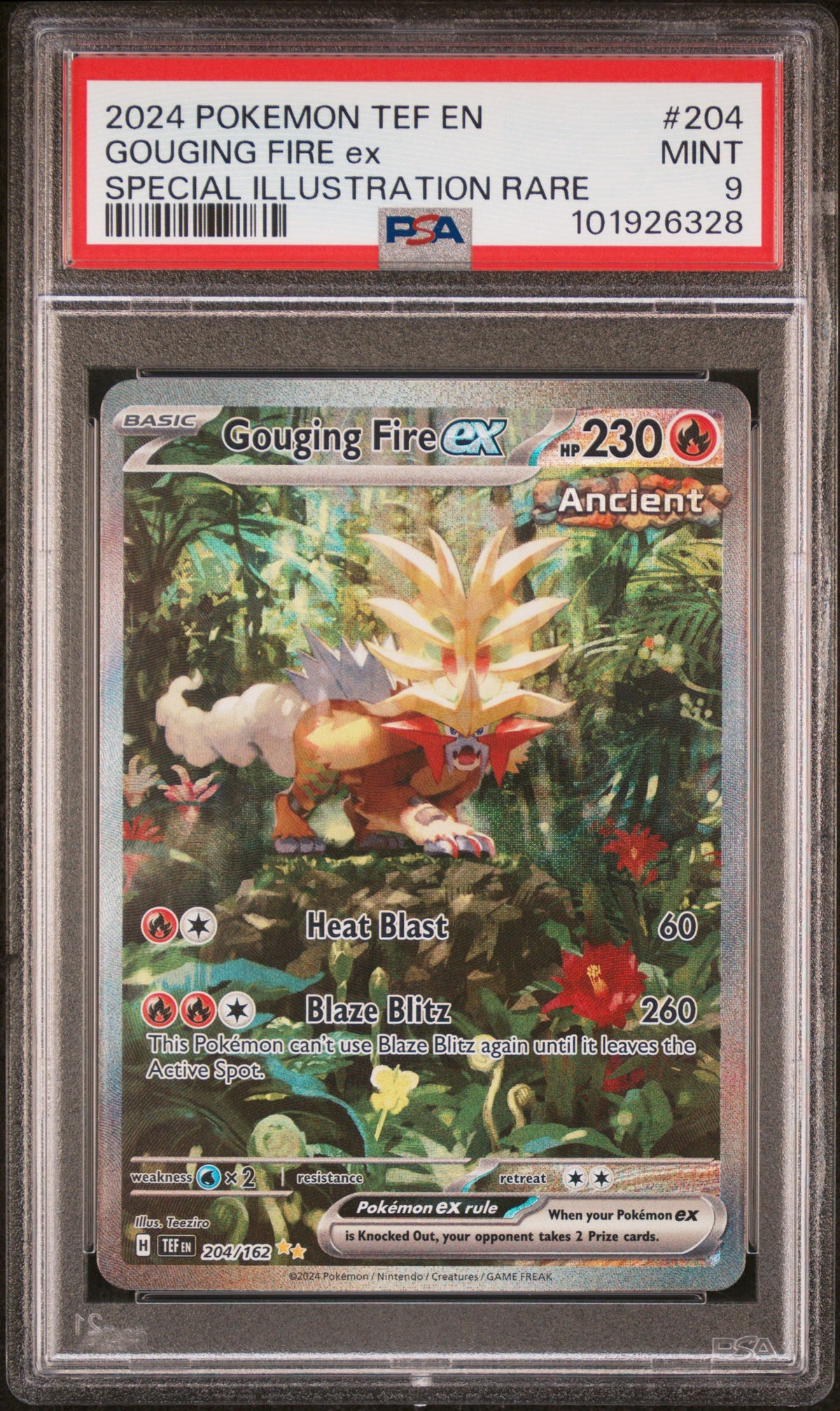 2024 Pokémon Tef EN Temporal Forces Gouging Fire EX #204 SIR PSA 9 PSA official front scan