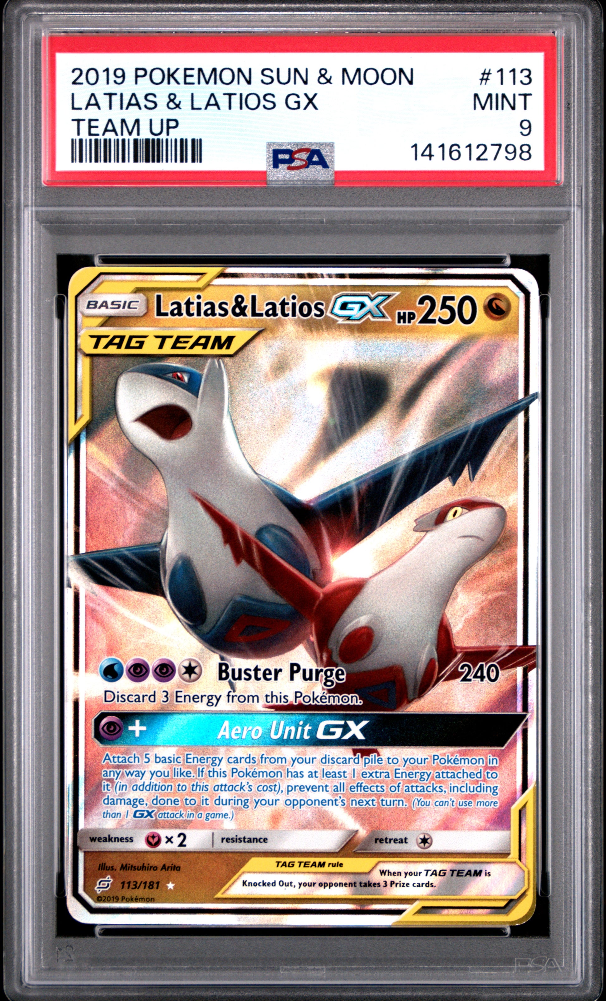 2019 Pokémon Team Up Latias & Latios GX #113 PSA 9 PSA official front scan
