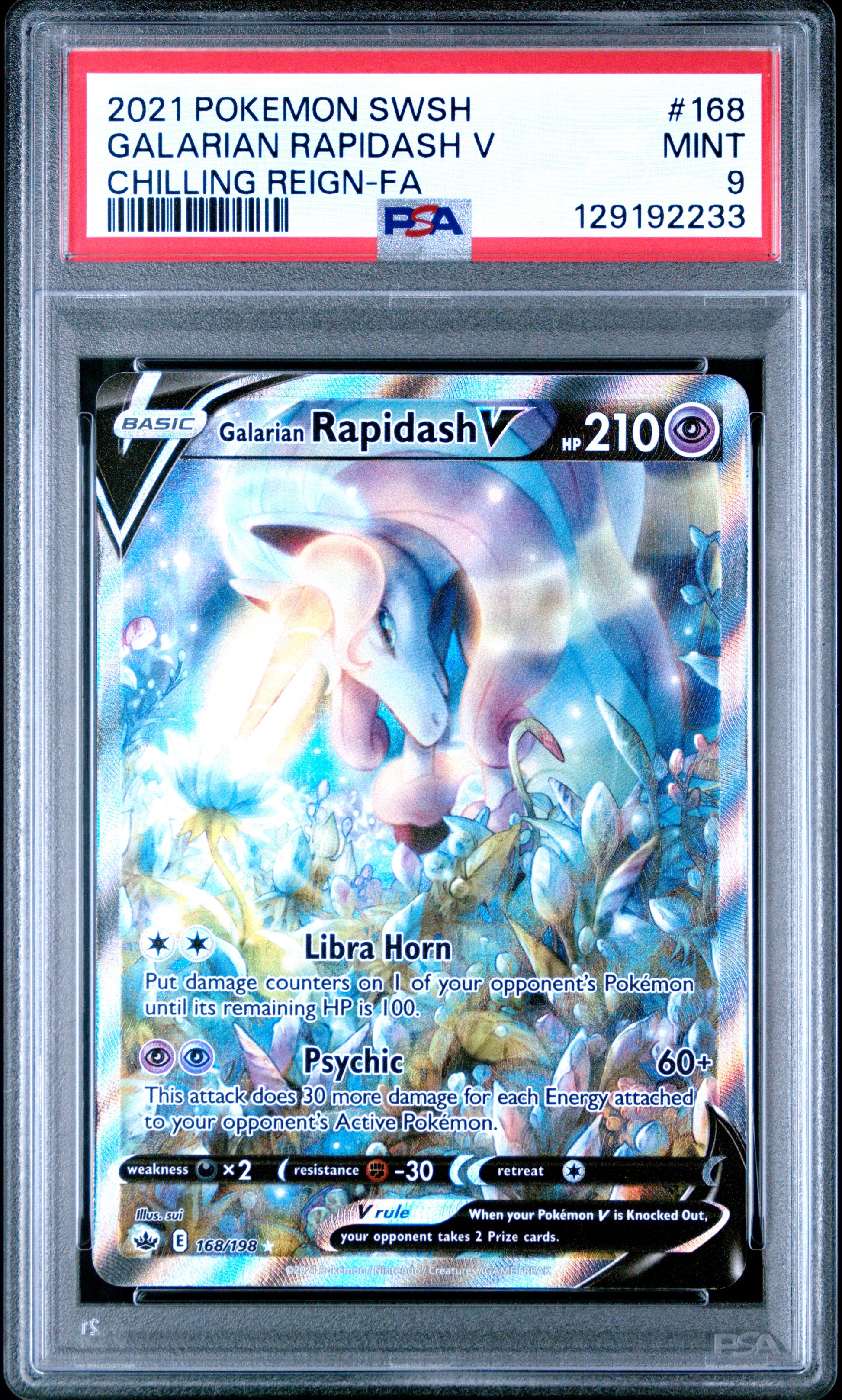 2021 Pokémon Chilling Reign Galarian Rapidash V #168 Full Art PSA 9 PSA official front scan