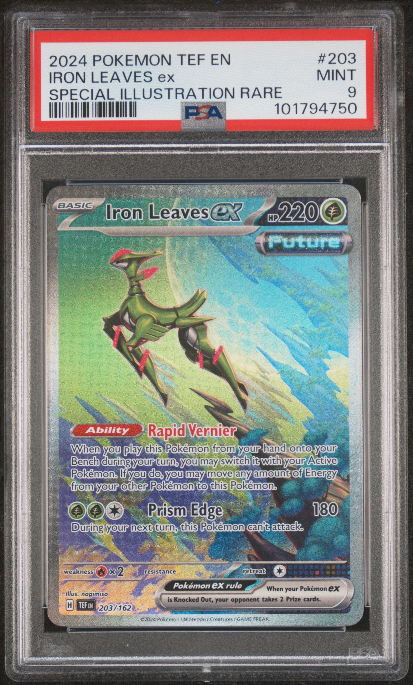 2024 Pokémon Tef EN Temporal Forces Iron Leaves EX #203 SIR PSA 9 PSA official front scan